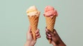 Hands holding icecream cones on Greenbackground