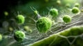 The image features green microbial cells with hair-like structures, set against