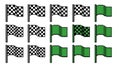 A collection of checkered and green flags waving on poles in a grid pattern Royalty Free Stock Photo