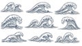 Collection of Stylized Wave Illustrations in Vintage Engraving Style Royalty Free Stock Photo