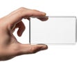 Hand holding clear glass rectangle isolated on white background Royalty Free Stock Photo