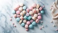 Heart-Shaped Assortment of Colorful Macarons on Marble Background, AI Generated