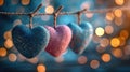 Be My Valentine - Heart-Shaped Background in Blue and Pink with Gold Bokeh Lights and String of Hearts Royalty Free Stock Photo