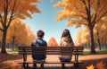 boy and girl sit on bench in autumn park ai generated