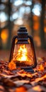 Cozy lantern glow in autumn leaves Royalty Free Stock Photo
