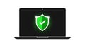 A laptop computer displays a green shield with a checkmark on its screen silhouette Royalty Free Stock Photo