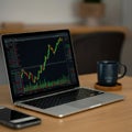 AI-Generated Image: Laptop with Stock Chart, Mug, and Phone Royalty Free Stock Photo
