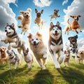 large group of dogs of various breeds running together in a grassy field. Royalty Free Stock Photo