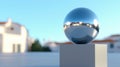 A shiny silver sphere sits atop a gray cube, with a blurred background of buildings and trees. Royalty Free Stock Photo