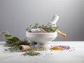 Aromatherapy spa with various herbs and spices in a white mortar and pestle Royalty Free Stock Photo