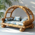 Bamboo Daybed with Canopy and Tropical Leaf Pattern Pillows Royalty Free Stock Photo