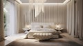 A luxurious bedroom with a statement bed, elegant lighting fixtures, and a seamless blend of neutral tones for a serene atmosphere Royalty Free Stock Photo