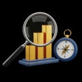 Financial analysis magnifying glass and compass isolated on black background Royalty Free Stock Photo