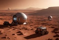 A Martian colony with three habitats or spacecrafts on the ground. Royalty Free Stock Photo