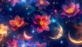 Vibrant pink lotus flowers with yellow centers floating amidst crescent moons and stars in a deep blue cosmic background Royalty Free Stock Photo