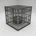 A metallic grey, cube-shaped cage with vertical bars and a dark interior, isolated on a light grey background Royalty Free Stock Photo