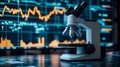 The image features a microscope with a red light, positioned on a background filled with data and graphs, highlighting scientific Royalty Free Stock Photo