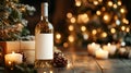 The image features a mock wine bottle positioned in front of a Christmas gift box, highlighting the idea of gifting wine Royalty Free Stock Photo