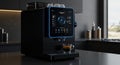 Modern coffee machine with digital interface showcasing espresso brewing in a contemporary kitchen setting Royalty Free Stock Photo