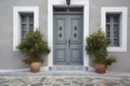 Contemporary Residential Entrance with Gray Front Door and Decorative Windows