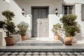 Contemporary Residential Entrance with Gray Front Door and Decorative Windows