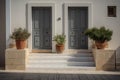 Contemporary Residential Entrance with Gray Front Door and Decorative Windows