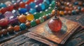 Mystical Altar with Tarot Pendulum, Defocused Cards, and Chakra Stones for Cartomancy and Spiritual Readings Royalty Free Stock Photo