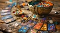 Magical Altar with Tarot Pendulum, Cartomancy, Chakra Stones, and Defocused Cards Royalty Free Stock Photo