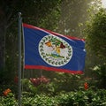 The image features the national flag of Belize amidst a lush forest background. The Royalty Free Stock Photo