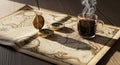 Antique map with a steaming cup of coffee and vintage compasses for exploration and adventure themes in travel and history Royalty Free Stock Photo