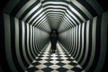optical illusion surreal pattern hallway. Silhouette of a person walking a chess tile black and white floor. Royalty Free Stock Photo