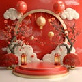 Generative AI. Traditional East Asian Inspired Display With Red Lanterns and Cherry Blossoms