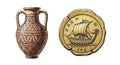 Ancient Pottery Vase and Gold Coin Depicting a Ship Royalty Free Stock Photo