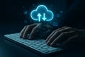 Hands typing on a keyboard with a glowing cloud computing icon and data transfer symbols Royalty Free Stock Photo