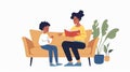 The image features a parent and child sitting on a comfy couch facing each other. The parent is holding a book and