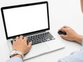 Person using laptop and mouse isolated on white background Royalty Free Stock Photo