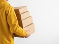Person carrying stack of boxes isolated on white background Royalty Free Stock Photo