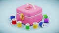 A pink sewing box with colorful threads and needles on a light blue background Royalty Free Stock Photo