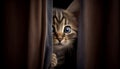 A playful tabby kitten peeking out from behind a curtain., Generative AI, illustration