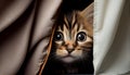 A playful tabby kitten peeking out from behind a curtain., Generative AI, illustration