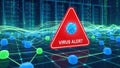 A digital warning sign indicating a computer virus alert against a backdrop of binary data code Royalty Free Stock Photo