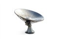 A large satellite dish stands alone against a white background. It reflects modern technology and communication. This Royalty Free Stock Photo