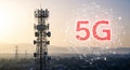 5G Telecommunication Tower with Digital Network Overlay Royalty Free Stock Photo