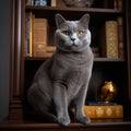 Proud Chartreux Cat on Bookshelf