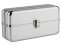 A sleek and modern rectangular metal lunch box with a handle and latch Royalty Free Stock Photo
