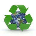 Global recycling symbol with earth at the center of three green arrows Royalty Free Stock Photo