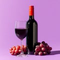 The image features red wine, grapes, a bottle of wine, and a wine glass, all set against a light purple background with Royalty Free Stock Photo
