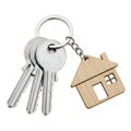 Set of keys attached to a miniature house-shaped keychain on a white background Royalty Free Stock Photo