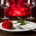 Romantic dinner setting with rose isolated on white background Royalty Free Stock Photo