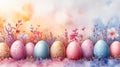 Watercolor Easter eggs with floral patterns against a pastel gradient background. Suitable for greeting cards, packaging Royalty Free Stock Photo